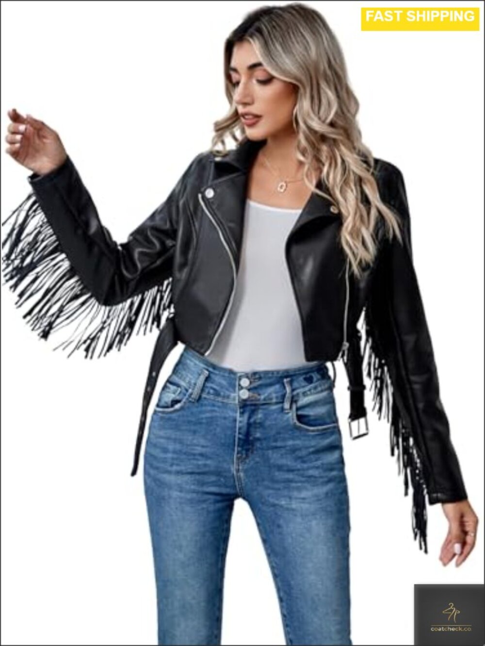 Faux Leather Moto Biker Jacket Belted Tassel Trim Fringe